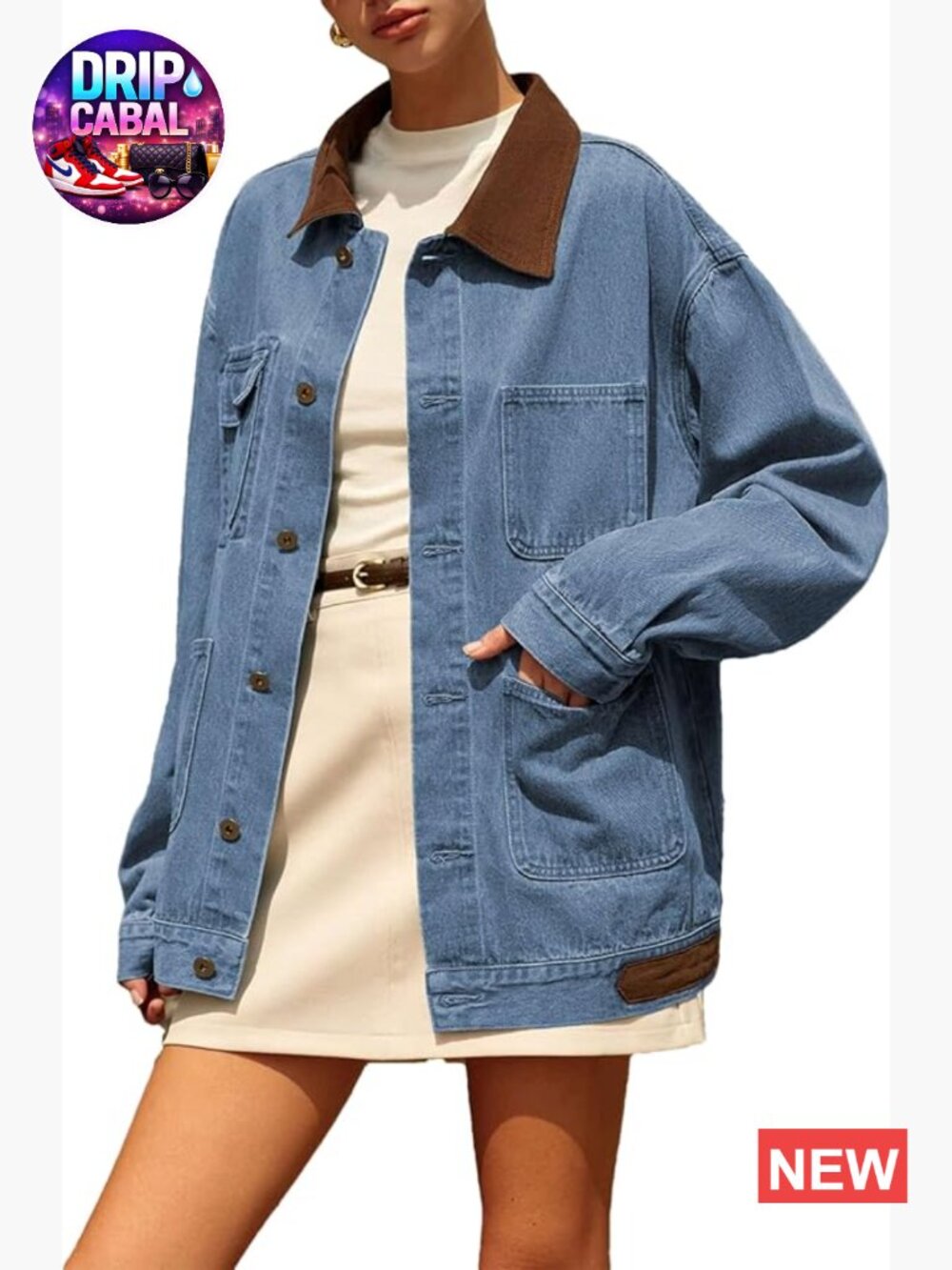 Oversized Contrast Collar Denim Shacket Jacket with Pockets